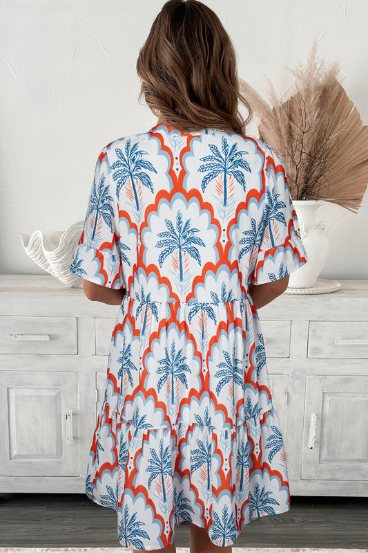 Orange Contrast Palm Tree Printed Short Sleeve Flowy Dress