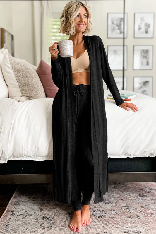 Black Split Long Cardigan and Skinny Pants Lounge Set - Chic Meadow Boutique