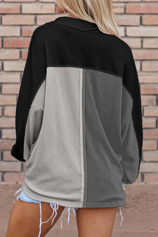 Tops/Sweatshirts & Hoodies Gray Colorblock Ribbed Collared Oversized Sweatshirt