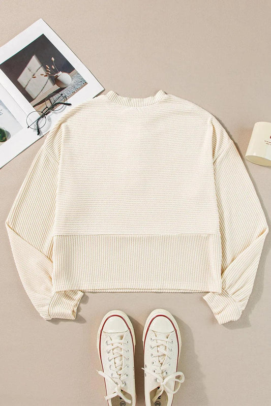 Tops/Sweatshirts & Hoodies Apricot Corded Texture Lantern Sleeve Buttons Henley Sweatshirt