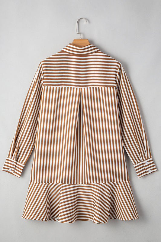 Brown Stripe Ruffled Hem Collared Long Sleeve Shirt Mini Dress