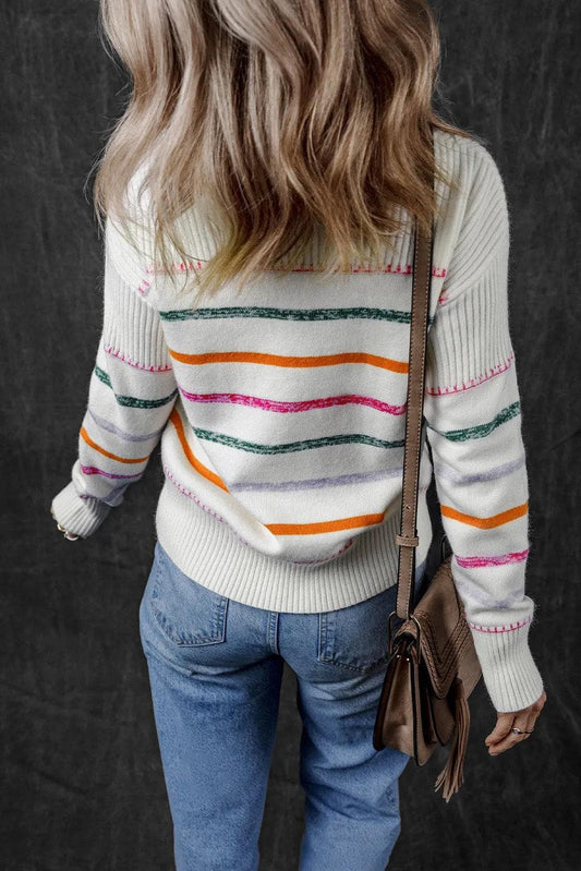 Sweaters & Cardigans/Sweaters White Colorful Striped Ribbed Trim Sweater