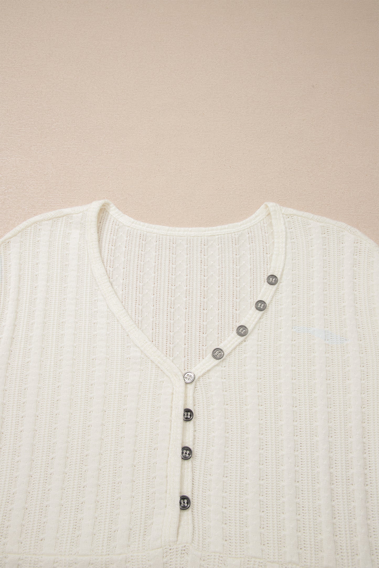 White Solid Color Textured Button V Neck Raw Seam Henley Tee