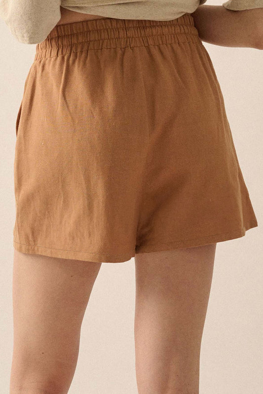 Khaki Embroidered Boho Tasseled Drawstring Elastic Waist Casual shorts