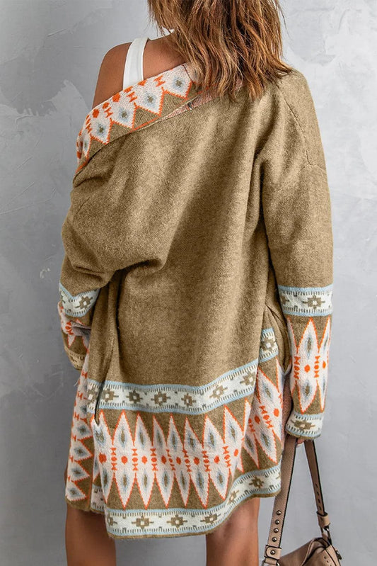 Tops/Sweaters & Cardigans Khaki Aztec Print Open Front Knitted Cardigan