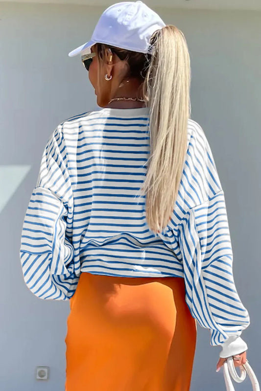 Blue Stripe Drop Shoulder Crew Neck Loose Sweatshirt - Chic Meadow Boutique