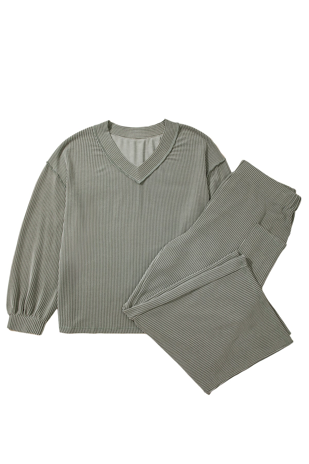 Four Leaf Clover Twisted Ribbed Exposed Seam Detail V Neck Pullover Plus Size Pant Set