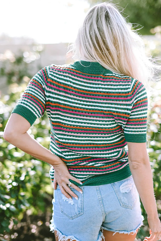 Dark Green Striped Pattern Contrast Trim Pointelle Knit T Shirt - Chic Meadow Boutique