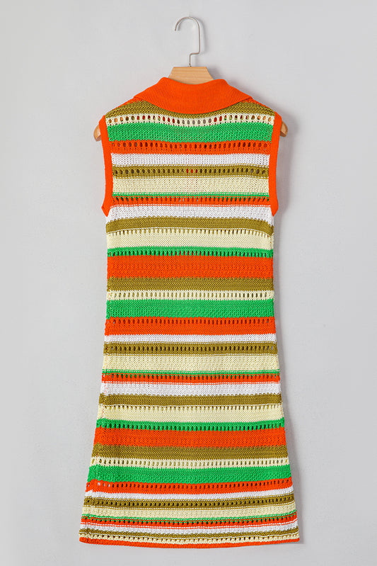 Yellow Stripe Eyelet Sleeveless Buttoned Split Neck Sweater Dress