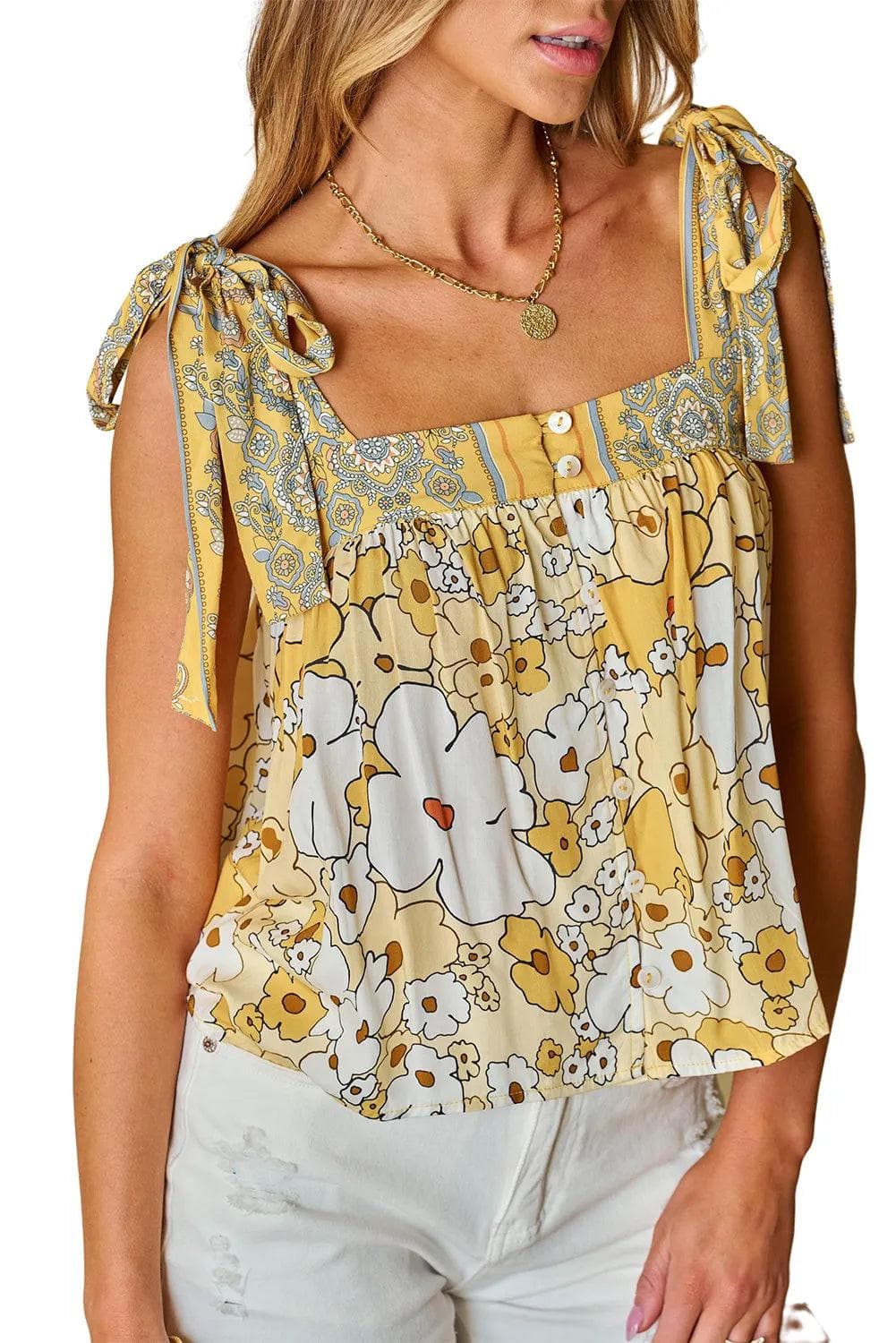 Tops/Tank Tops Yellow Floral Patchwork Tied Straps Buttoned Tank Top