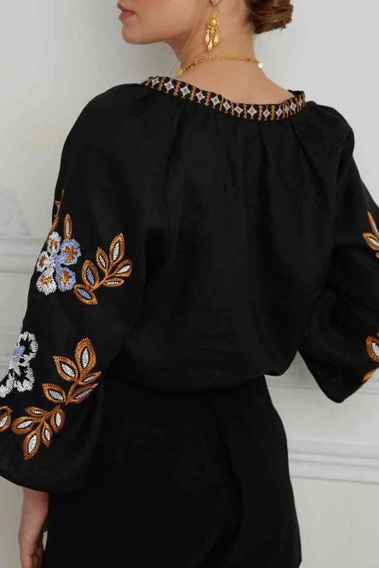 Black Bohemian Floral Embroidered V Neck Blouse - Chic Meadow Boutique
