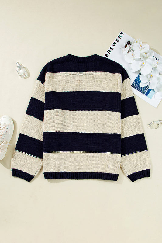 Blue Stripe Color Block PLus Size Drop Shoulder Sweater
