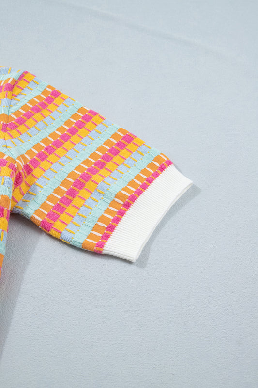 Orange Abstract Striped Knit Short Sleeve Sweater