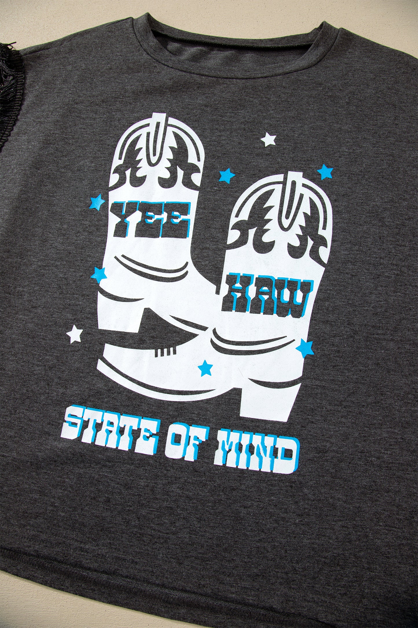 Carbon Grey YEE HAW Boots STATE OF MIND Fringed Sleeve Tee