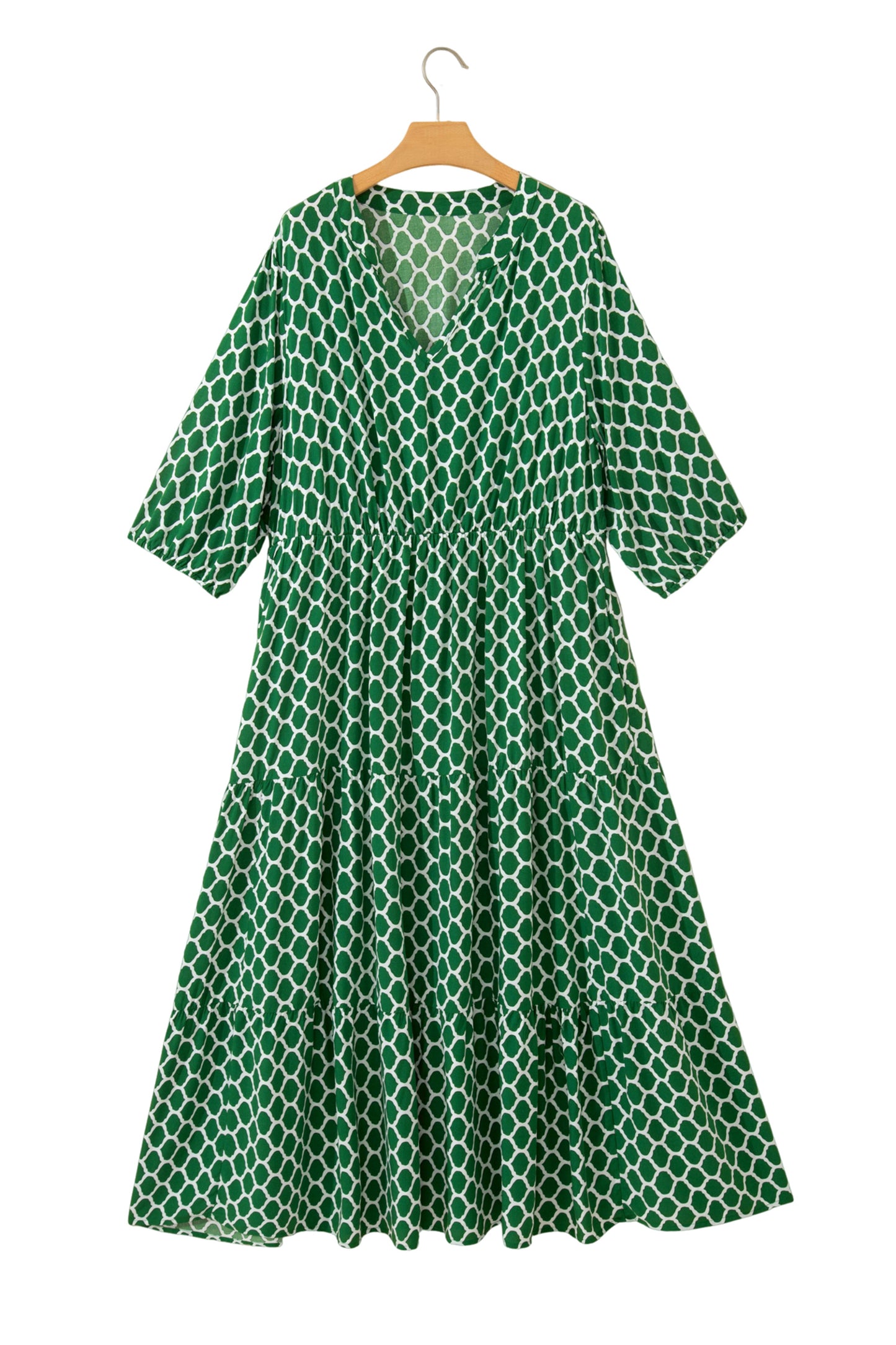 Green Plus Size Geometric Print Pocketed Ruffle Hem Casual Dress