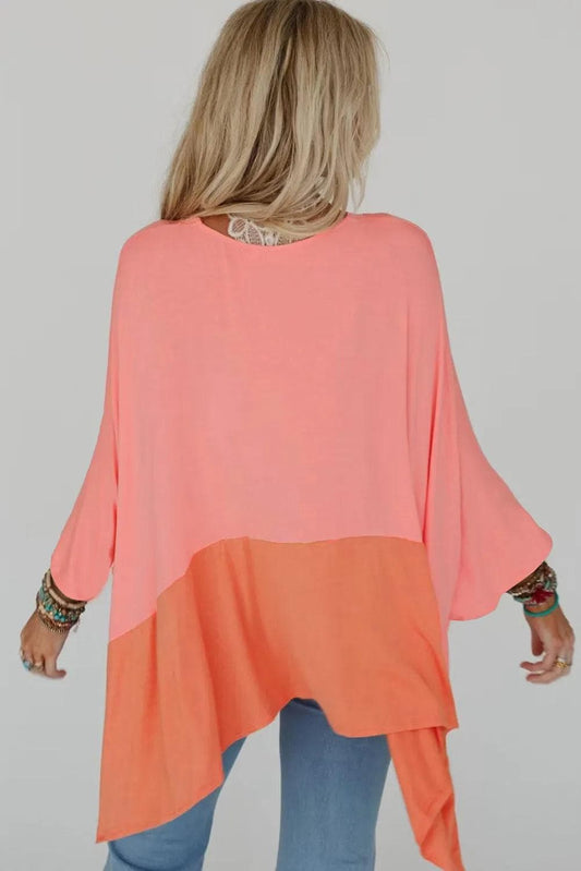 Tops/Long Sleeve Tops Grapefruit Orange Contrast Color Patchwork Oversized Side Split Top