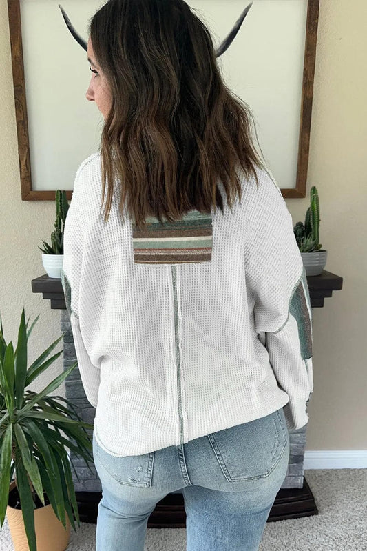 Tops/Long Sleeve Tops White Striped Patchwork Exposed Seam Waffle Knit Top