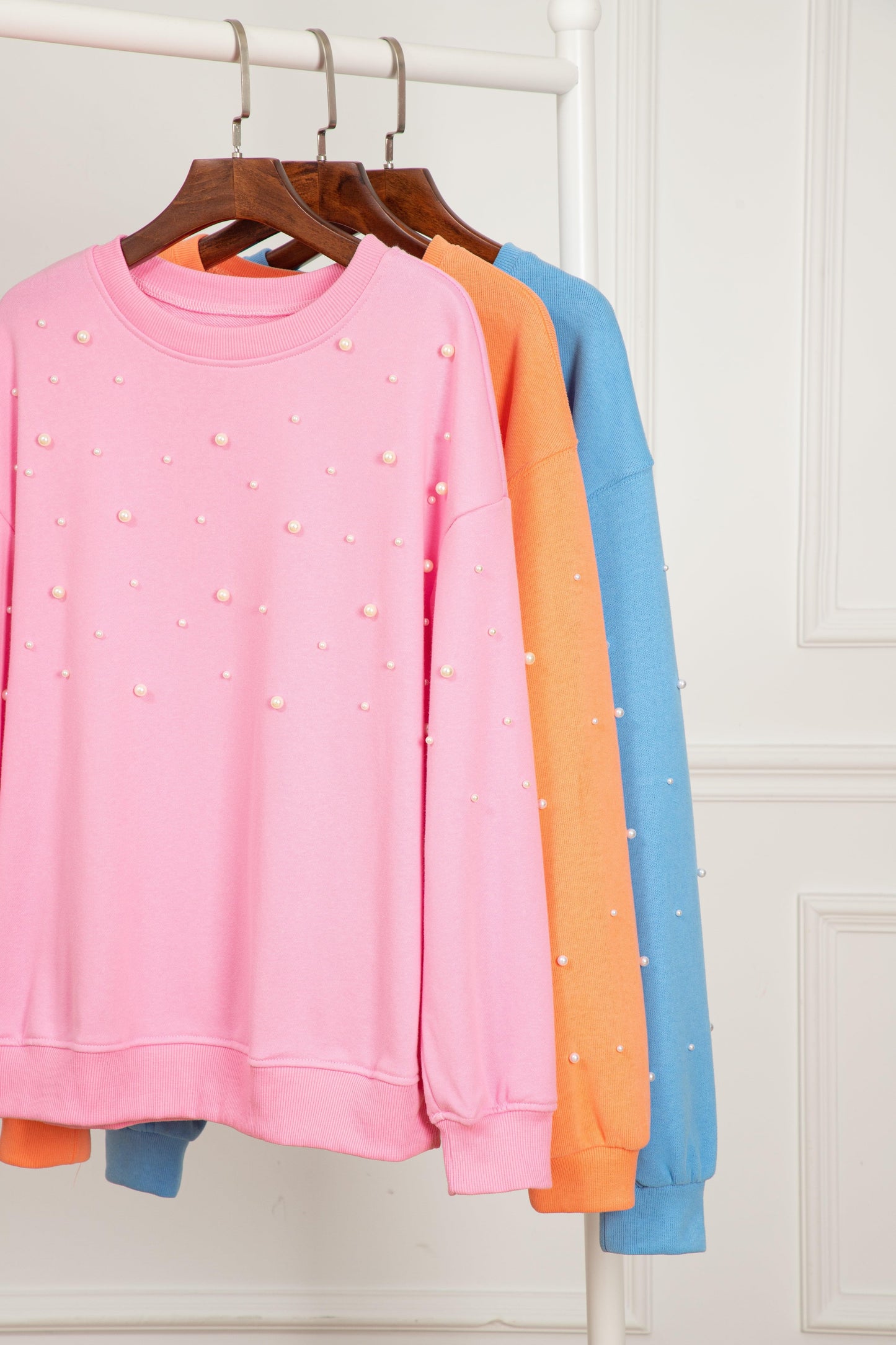 Tops/Sweatshirts & Hoodies Myosotis Pearled Sleeves Drop Shoulder Round Neck Pullover Sweatshirt