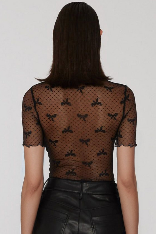 Black Bow Knot Dotted See-through Mesh Patched Slim Fit Blouse