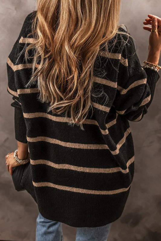 Black Stripe Buttoned V Neck Drop Shoulder Loose Cardigan - Chic Meadow Boutique