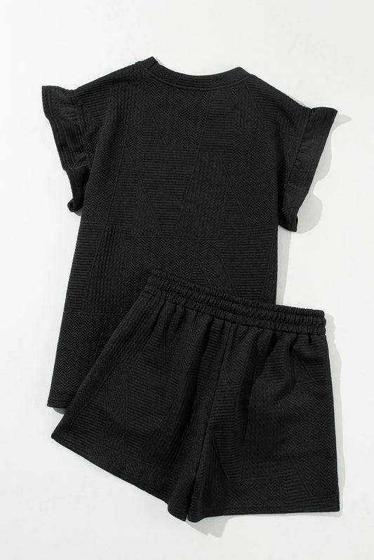 Black Textured Ruffle Split Top and Drawstring Shorts - Chic Meadow Boutique