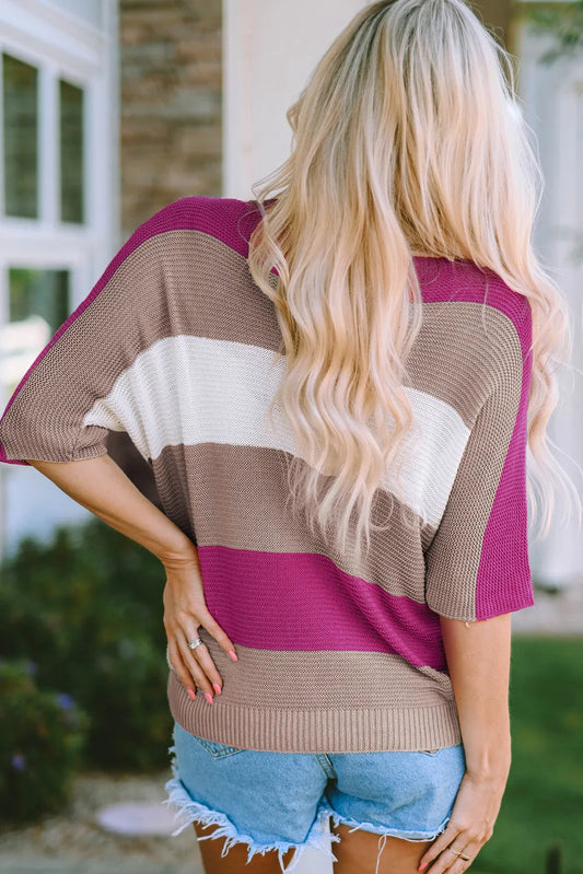 Rose Contrast Stripe Knit Half Sleeve Sweater - Chic Meadow Boutique