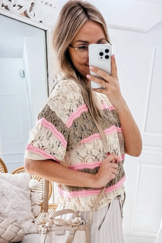 Brown Stripe Color Block Hollow Out Crochet Half Sleeve Sweater - Chic Meadow Boutique