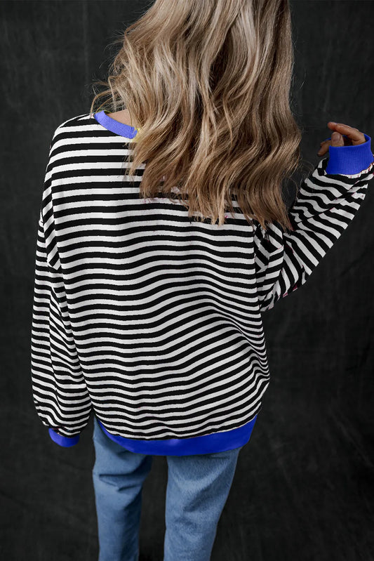 Black Stripe Oversized Contrast Trim Pullover Sweatshirt - Chic Meadow Boutique