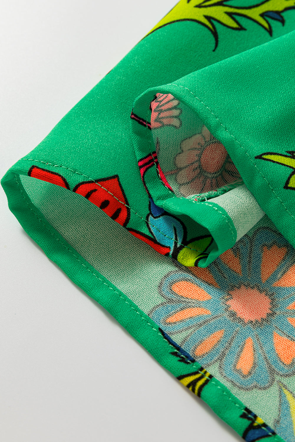 Green Floral Print Flutter Sleeve Frilly Neck Blouse