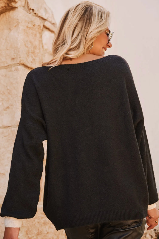 Black Heart Detail Contrast Cuffs Baggy Sweater