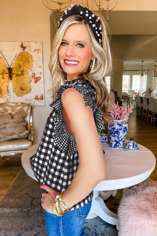 Black Checkered Ruffled Sleeve Frilled Neck Blouse - Chic Meadow Boutique