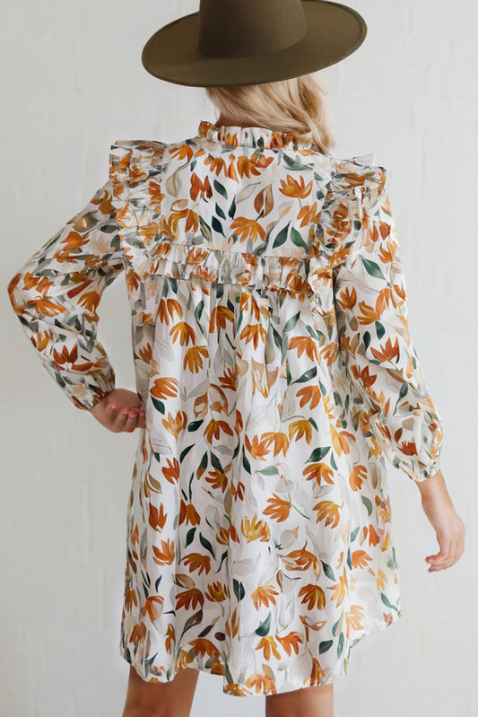Yellow Floral Print Tie Neck Frilled Detail Long Sleeve Mini Dress