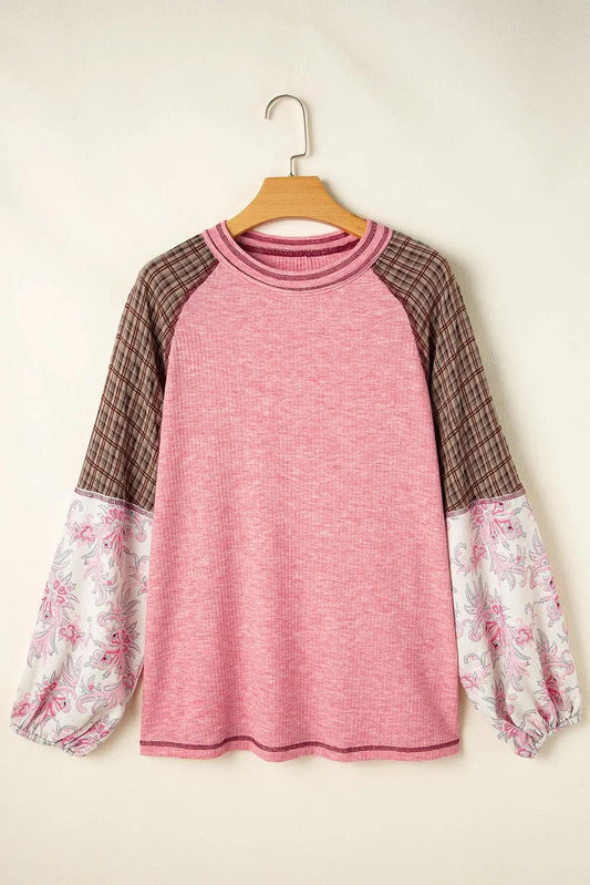 Tops/Long Sleeve Tops Fushia Mixed Print Patchwork Raglan Ribbed Knit Top