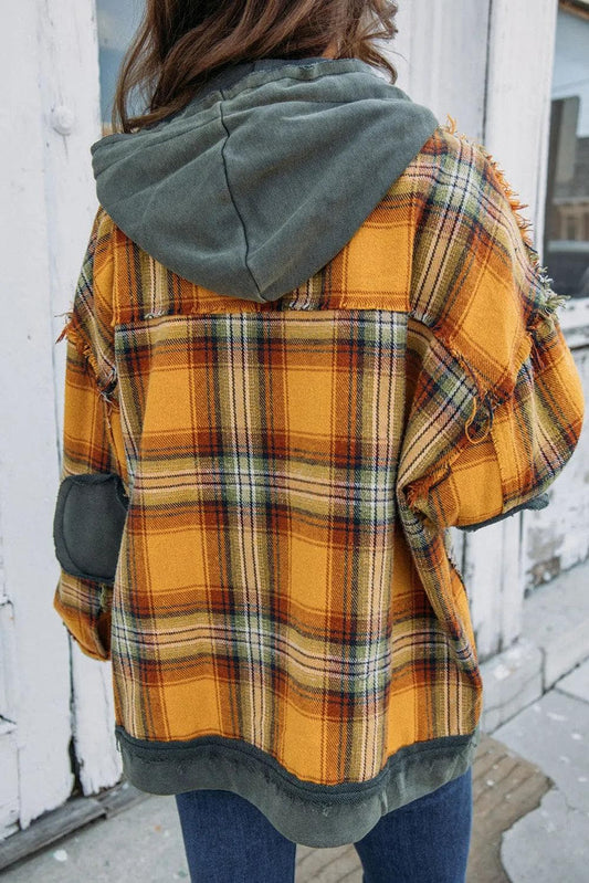 Outerwear/Jackets Orange Plaid Patch Hooded Frayed Snap Button Jacket
