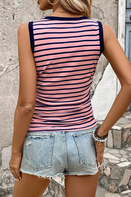 Black Stripe Contrast Round Neck Sleeveless Slim Top - Chic Meadow Boutique