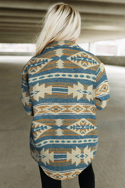 Blue Western Aztec Print Button Flap Pocket Shacket - Chic Meadow Boutique
