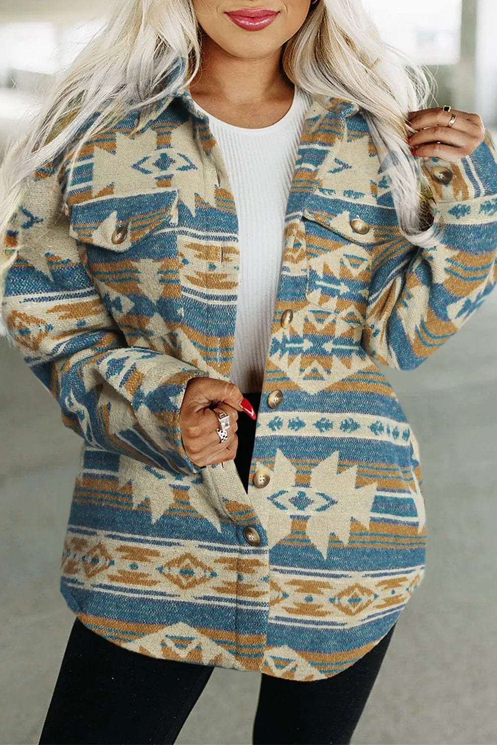 Blue Western Aztec Print Button Flap Pocket Shacket - Chic Meadow Boutique