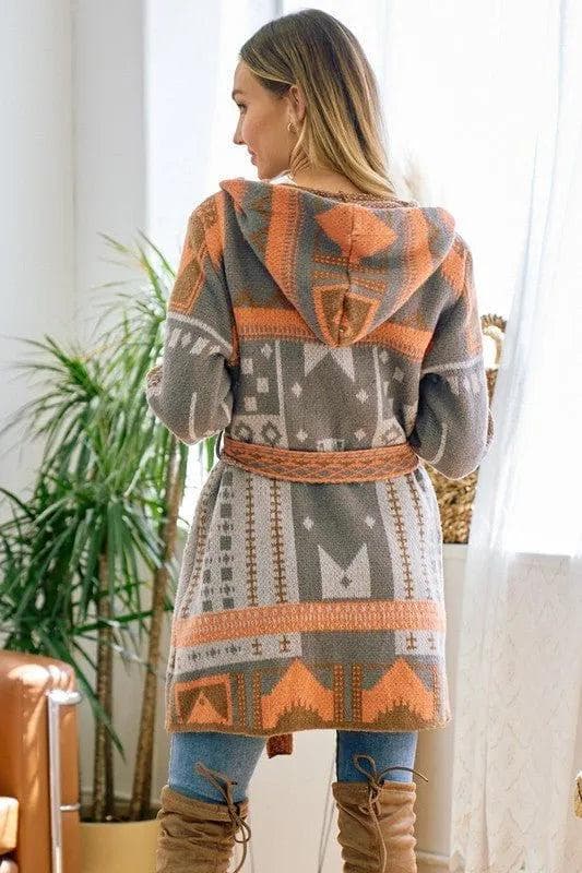 Cardigan Grey and Orange Aztec Pattern Hooded Cardigan