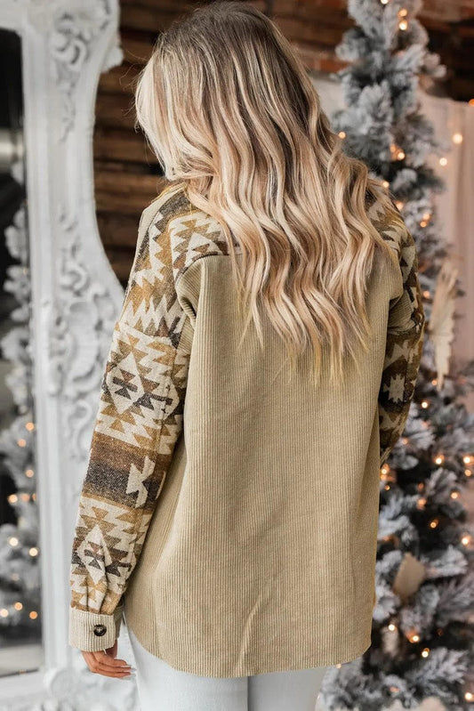 Shacket Khaki Aztec Print Patchwork Frayed Edge Corduroy Jacket