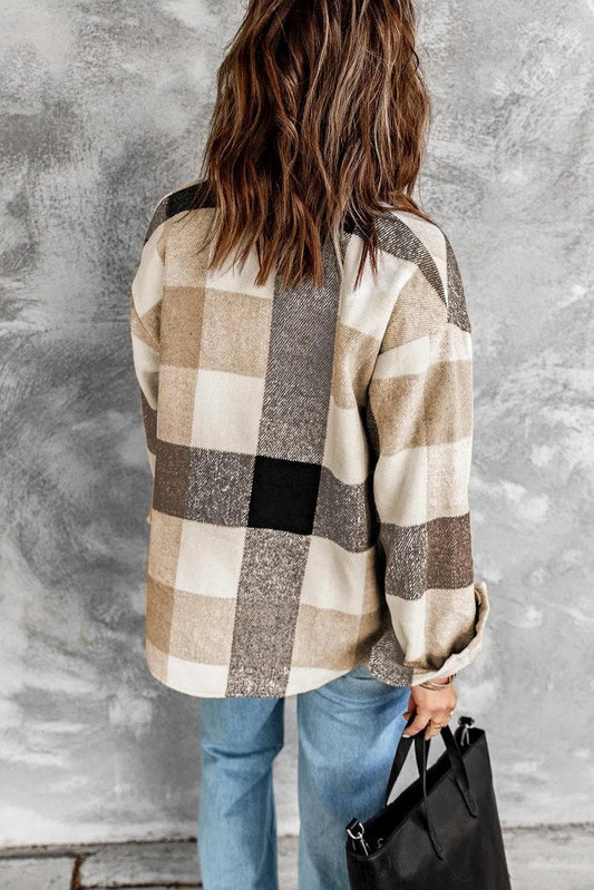 Shacket Khaki Plaid Color Block Buttoned Long Sleeve Shacket with Pocket