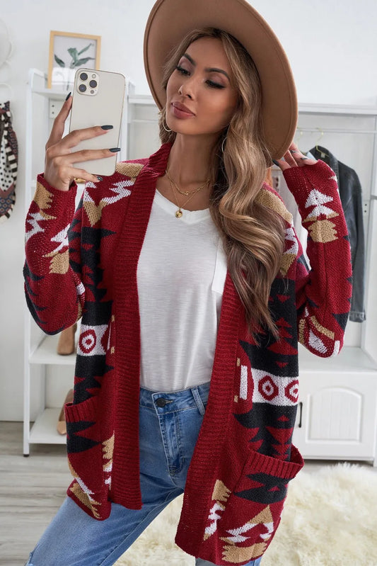 Red Moraga Pocketed Aztec Cardigan - Chic Meadow Boutique