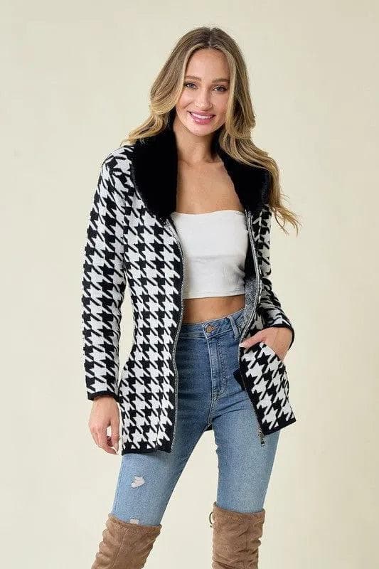 Cardigan Sweater Zip Front Cardigan with Faux Fur Trim