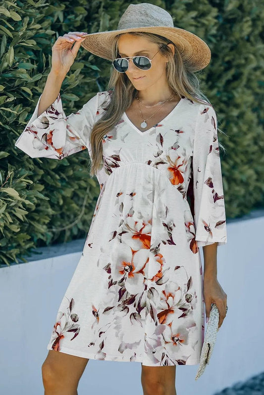 Dress White Boho 3/4 Sleeve Floral Dress with V Neckline