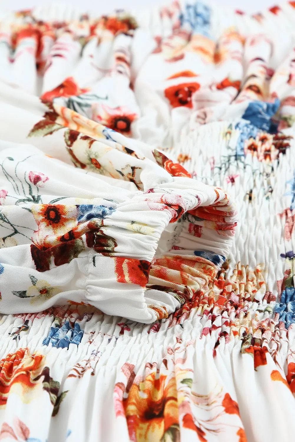 Dress White Off Shoulder Smocked Waist Floral Dress