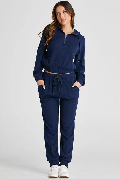 Navy Blue Ribbed Knit Cropped Hoodie and Drawstring Joggers Set - Chic Meadow Boutique 