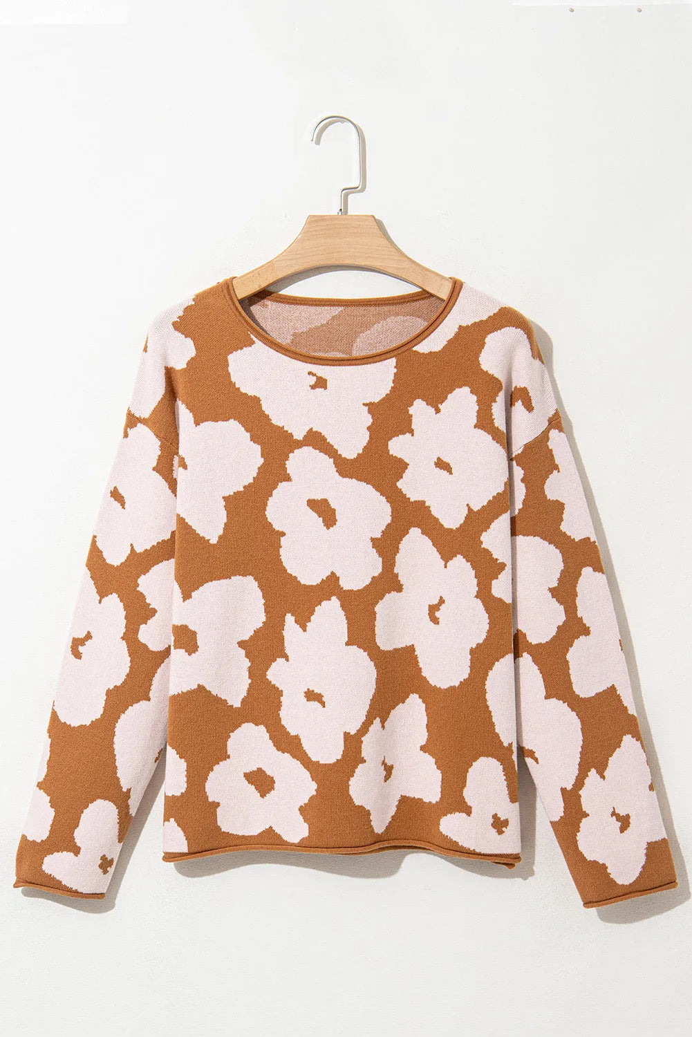 Brown Floral Pattern Crew Neck Long Sleeve Loose Sweater - Chic Meadow Boutique 