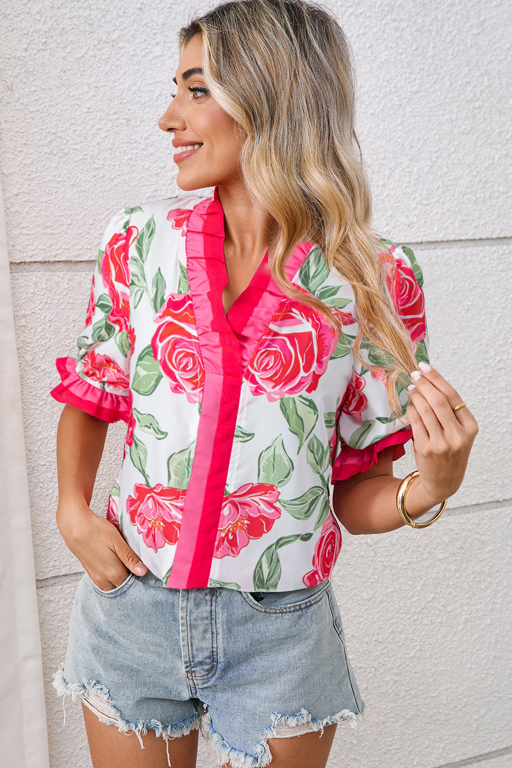 Rose Floral Frilled V Neck Short Sleeve Blouse Top