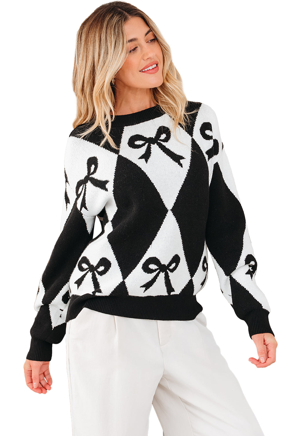 Black Bow Print 2-tone Rhombus Knit Loose Sweater