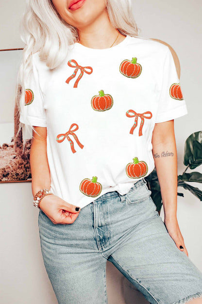 White Sequin Chenille Pumpkin Bow Pattern Casual Short T Shirt