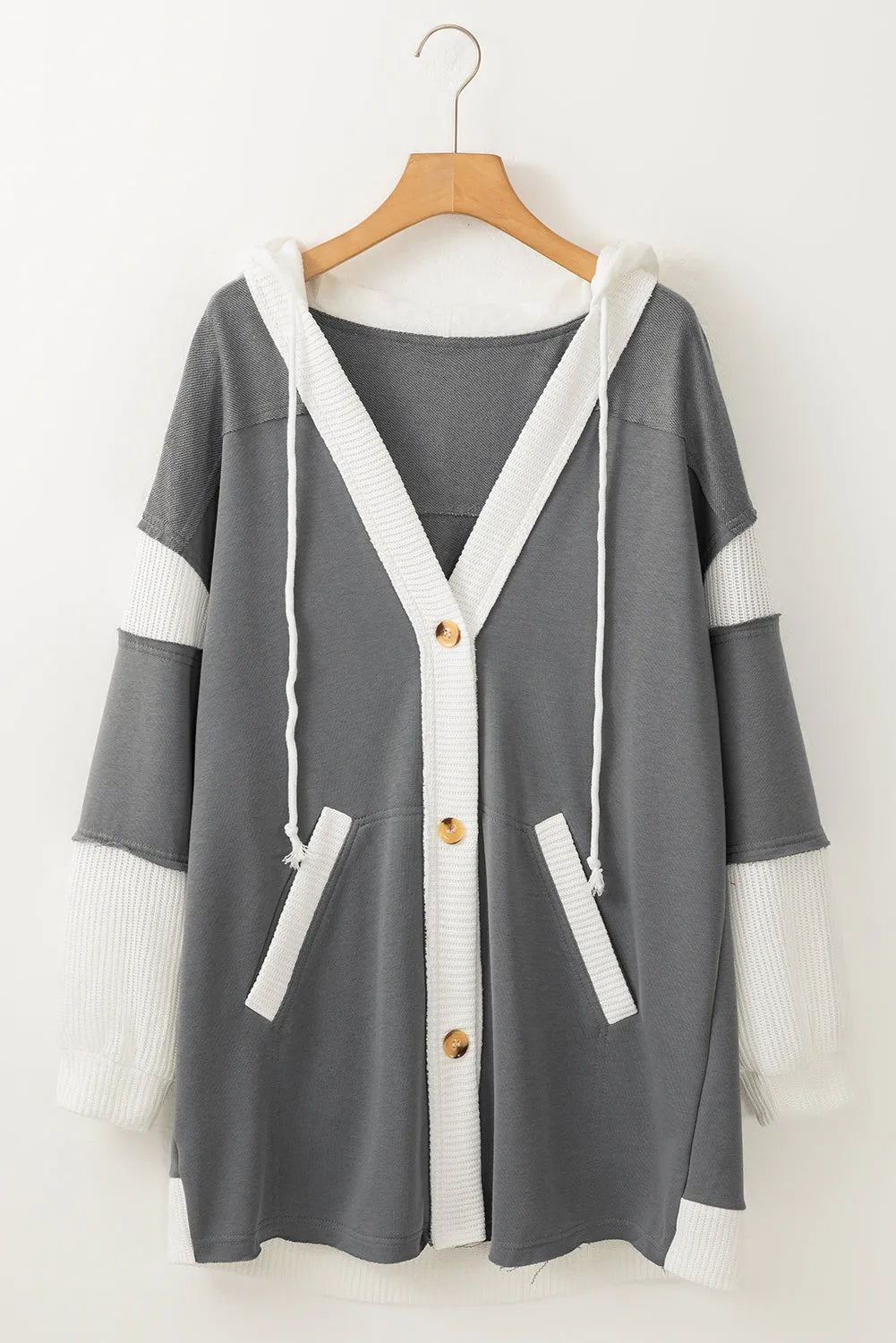 Dark Grey Contrast Knit Patchwork Hooded Functional Coat - Chic Meadow Boutique 